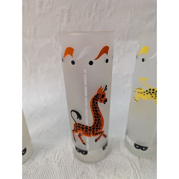 Vintage MCM Libby “Circus Carousel” 4 Frosted Glasses Tom Collins Animals Flag - Picture 6 of 11